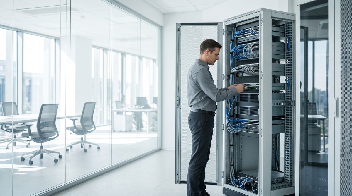 Person am offenen Serverschrank im eigenen Rechenzentrum