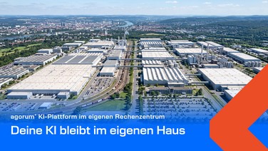Luftaufnahme eines großen Industriewerks mit Hallen und Werkstraßen, darüber der Titel Deine KI bleibt im eigenen Haus