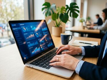 Mitarbeitende arbeitet mit KI-gestütztem Dashboard am Laptop im Büro