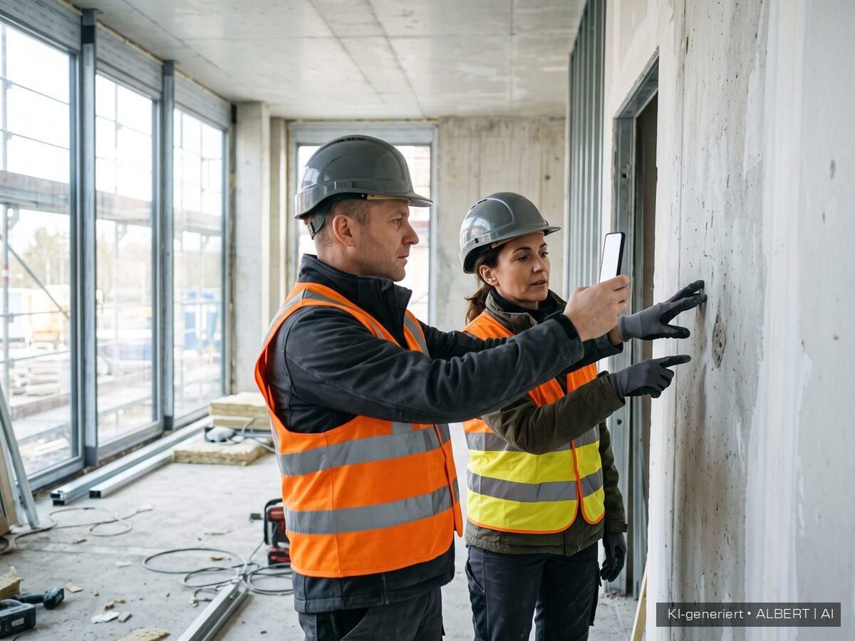 Zwei Personen mit Helm und Warnweste bei einer Begehung, eine fotografiert mit dem Smartphone eine Stelle an der Wand