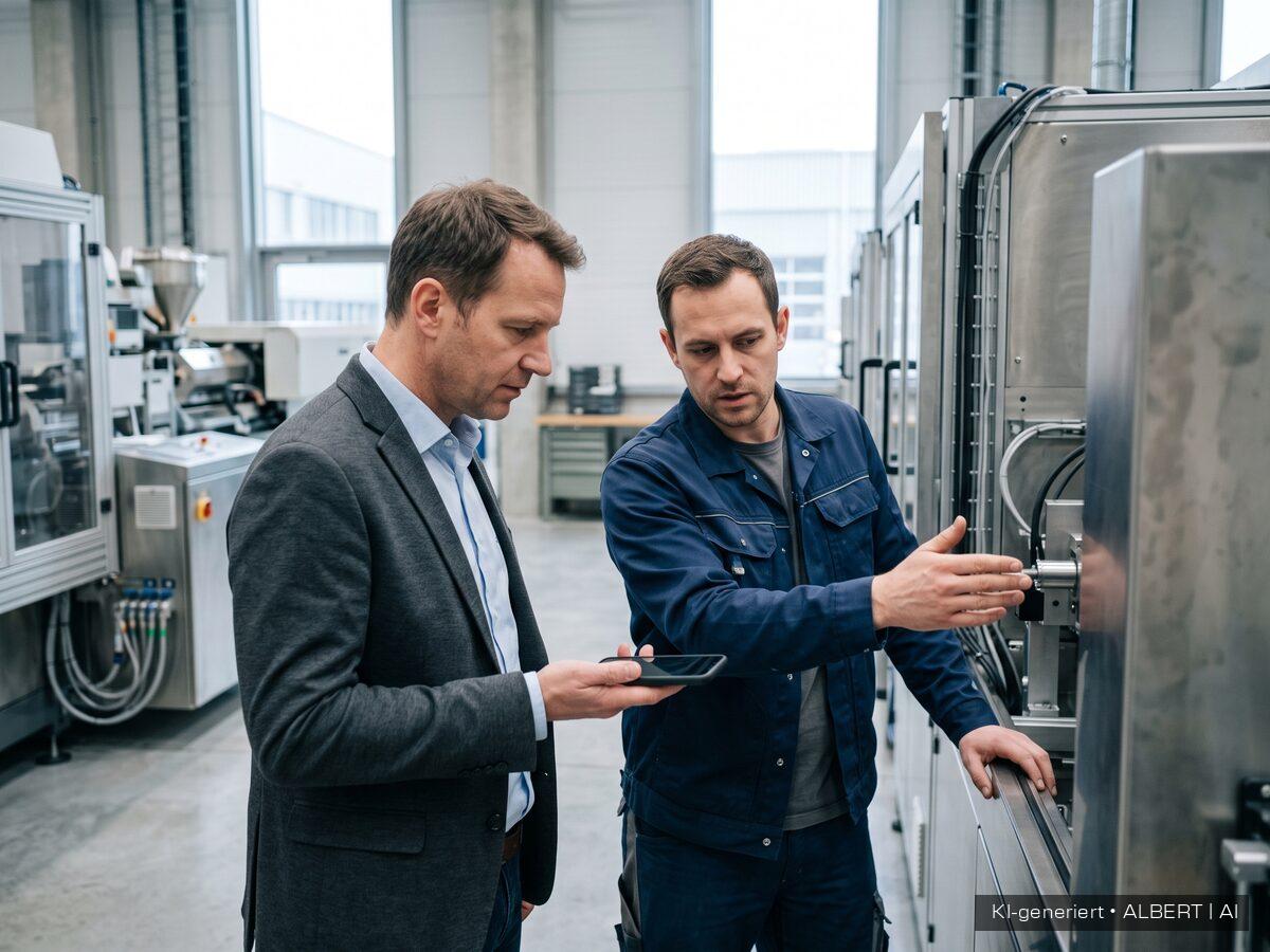 Zwei Personen in einer Fertigungshalle an einer Anlage, eine hält das Smartphone flach in der Hand, die andere erklärt etwas