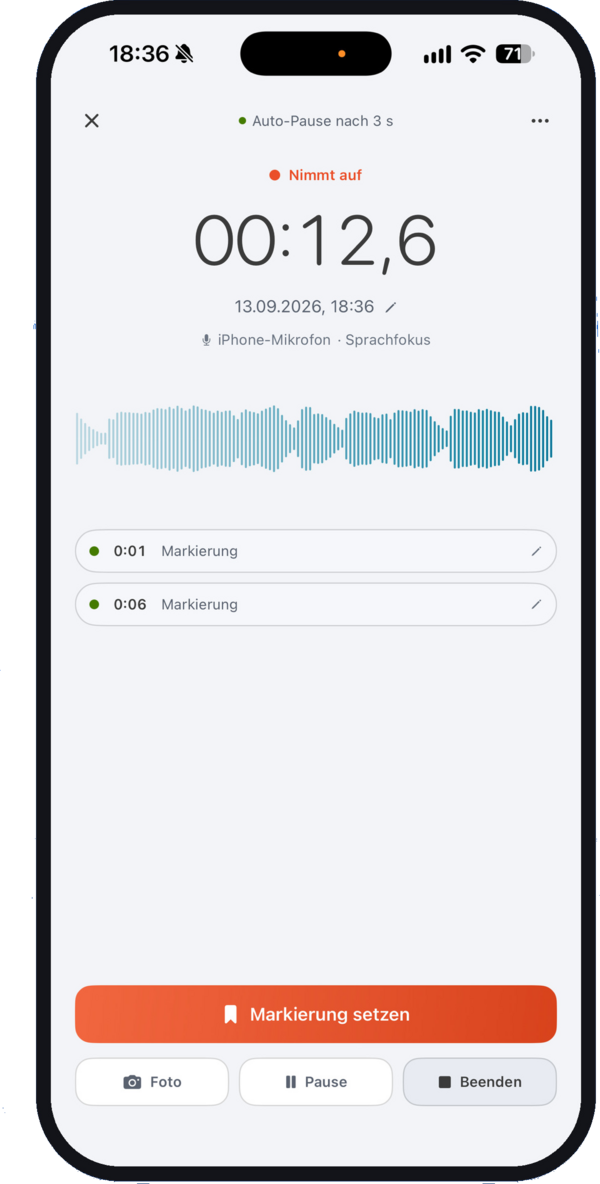 ALBERT | AI Note auf dem Smartphone: Aufnehmen mit einem Tipp, mit Markierungen und Auto-Pause