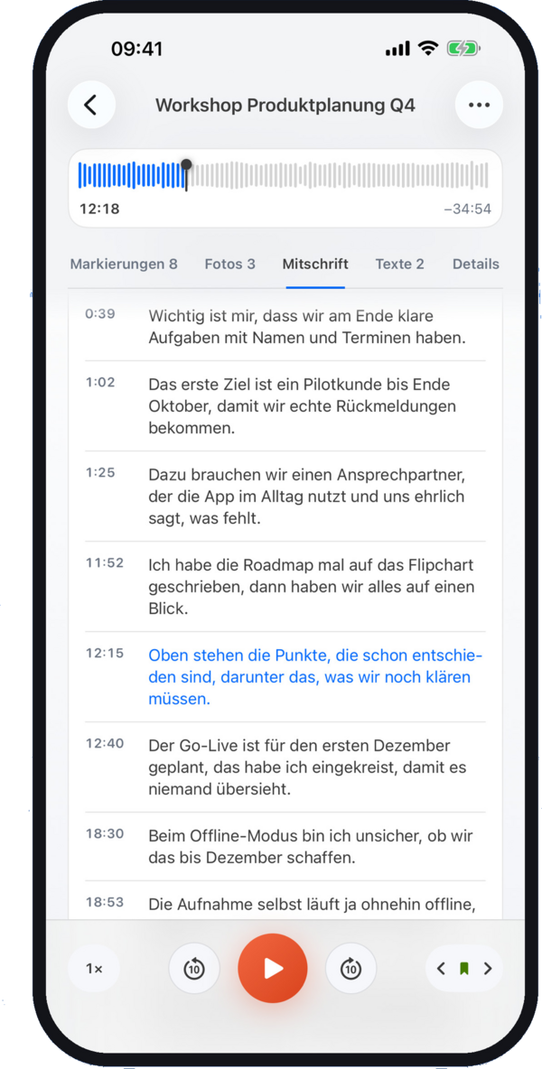 Mitschrift auf dem Smartphone, Transkription direkt auf dem Gerät