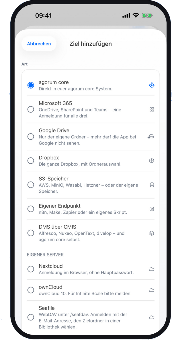 Ziel hinzufügen in ALBERT | AI Note: agorum core, Microsoft 365, Google Drive, Dropbox, S3-Speicher, eigener Endpunkt, CMIS, Nextcloud, ownCloud, Seafile und weitere